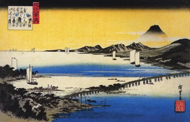 Hiroshige Vy över en lång bro över en sjö