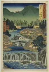 Izu-provinsen: Varma källor vid Shuzen-templet (Izu, Shuzenji tojiba), från serien "Berömda platser i de sextiotalet provinserna (Rokujuyoshu meisho zue)"