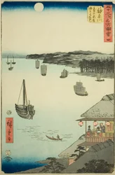 Kanagawa: Utsikt över havet från tehusen på kullen (Kanagawa, dai no chaya kaijo miharashi), nr. 4 från serien "Famous Sights of the Fifty-three Stations (Gojusan tsugi meisho zue)," även känd som Vertical Tokaido