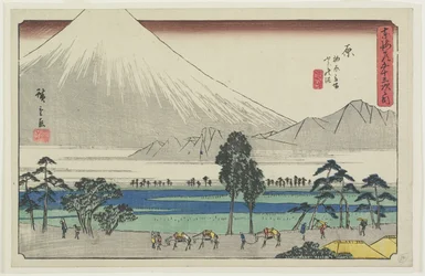 Kashiwaharas rastplats vid dammen med utsikt över berget Fuji, Hara, 1841-1842