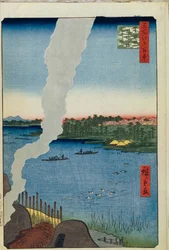 Ugnar och Hashiba-färjan på Sumidafloden Hundra berömda utsikter över Edo, 1856-1858