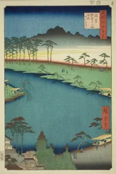 Kumano Junisha Shrine i Tsunohazu, populärt känd som Juniso (Tsunohazu Kumano Junisha, zokusho Juniso), från serien "One Hundred Famous Views of Edo (Meisho Edo hyakkei)"