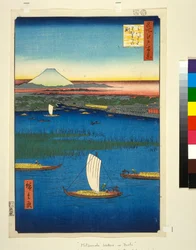 Sumpig ö utanför Sumida-flodens mynning, med Edo och Fuji i fjärran, ca 1857, (färgsnitt)