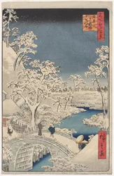 Bild på Twilight at the Drum Bridge i Meguro, från serien 100 Views of Famous Places in Edo