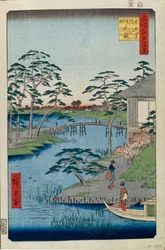 Mokuboji-templet och grönsaksfält på Uchigawa Inlet Hundra berömda utsikter över Edo, 1856-1858