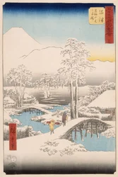 Berget Fuji och berget Ashigara från Numazu i klart väder efter ett snöfall