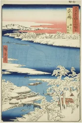 Musashi-provinsen: Morgon efter snö på Sumidafloden (Musashi, Sumidagawa yuki no ashita), från serien "Kända platser i de sextio-udda provinserna (Rokujuyoshu meisho zue)"