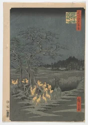 Nyårsaftonens rävbränder vid det växlande trädet, Edo-perioden, 1857 (färgsnitt)