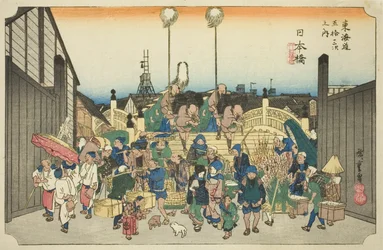 Nihonbashi: Procession Departing (Nihonbashi, gyoretsu furidashi), från serien "Fifty-three Stations of the Tokaido Road (Tokaido gojusan tsugi no uchi)," även känd som Hoeido Tokaido