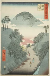 Okabe: Smal murgrönatäckt väg vid Mount Utsu (Okabe, Utsu no yama tsuta no hosomichi), nr. 22 från serien "Famous Sights of the Fifty-three Stations (Gojusan tsugi meisho zue)," även känd som Vertical Tokaido