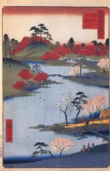 Öppen trädgård vid Hachiman-helgedomen i Fukagawa. Hundra berömda vyer över Edo, ca 1858