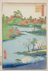 Invigning av trädgården vid Fukagawa Hachiman Shrine (Fukagawa Hachiman yamabiraki), nr 68 från serien "Hundra berömda vyer över Edo (Meisho Edo hyakkei)"