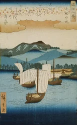 Returning Sails at Yabase från serien Eight Views of Omi, c.1855-8 (träblock i färg)