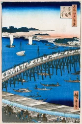 Flodbanken vid Ryogoku Bridge Hundra berömda utsikter över Edo, 1856-1858.