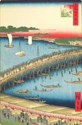 Ryogoku Bridge and the Great Riverbank, nr 59 från One Hundred famous Views of Edo, 1856 (träblock i färg)