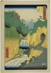Sakanoshita: Kannon i grottan (Sakanoshita, Gankutsu no Kannon), nr. 49 från serien "Berömda sevärdheter på de femtiotre stationerna (Gojusan tsugi meisho zue)", även känd som den vertikala Tokaido