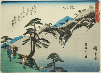 Sakanoshita: Utsikt över berget Fudesute (Sakanoshita, Fudesuteyama no zu), från serien "Fifty-three Stations of the Tokaido (Tokaido gojusan tsugi)," även känd som Tokaido med dikt (Kyoka iri Tokaido)