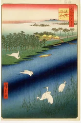 Sakasai Ferry, skylt 67 från serien One Hundred Famous Views of Edo, Edo Period, Ansei Era, 1857 (träblocktryck)