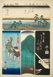 Shimada, Fujieda, Okabe och Mariko, nej. 6 från serien "Cutouts of the Fifty-three Stations (Gojusan tsugi harimaze)"