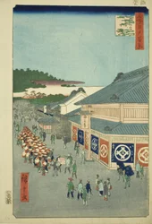 På Shimoya Hirokos tid, från Te-seriens "Ridge dre d fa s vie ws of Edo (One Hundred Famous Views of Edo)"