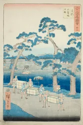 Shono: Forntida plats för Shiratori-högen (Shono, Shiratorizuka koseki), nr. 46 från serien "Famous Sights of the Fifty-three Stations (Gojusan tsugi meisho zue)," även känd som Vertical Tokaido