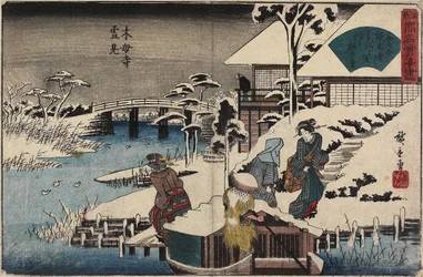 Snöplats vid Mokubo-ji-templet och restaurangen Uekiya, ca. 1835-1842