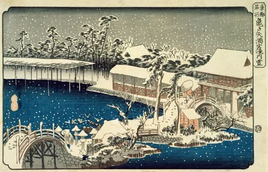 Snö på natten: en scen som skildrar ett hus, en flod och en prydnadsträdgård under fallande snö, från serien 53 Stations of the Tokaido, (yoko-e - horisontellt format, färgträtryck)