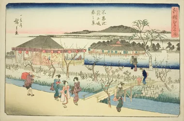 Spring View of the New Bankment at Shinobazu Pond (Shinobazu ike shin dote haru no kei), från serien "Newly Selected Famous Places in Edo (Shinsen Edo meisho)"