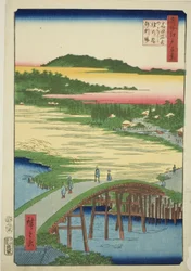 Sugatami Bridge, Omokage Bridge and the Gravel Pit at Takata (Takata Sugataminohashi Omokagenohashi jariba), från serien "One Hundred Famous Views of Edo (Meisho Edo hyakkei)"