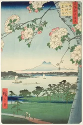 Suijin Shrine draft d first sound te sumida rive r (sumida river suijin no mori first), från seriens ``Ridge d red fa net s views f edo (etthundra vyer av Edo)