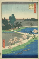 The Entwined Camphor Trees at Azuma Shrine (Azuma no mori Renri no azusa), från serien "One Hundred Famous Views of Edo (Meisho Edo hyakkei)"