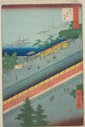 Hallen med trettiotre vikar i Fukagawa (Fukagawa Sanjusangendo), nr 69 från serien "Hundra berömda vyer över Edo (Meisho Edo hyakkei)"