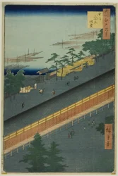 Hallen med trettiotre vikar i Fukagawa (Fukagawa Sanjusangendo), från serien "Hundra berömda vyer över Edo (Meisho Edo hyakkei)"