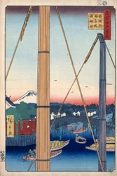 Hamnhelgedomen och Inari-bron vid Teppozu, Hundra berömda vyer över Edo, 1856-1858.