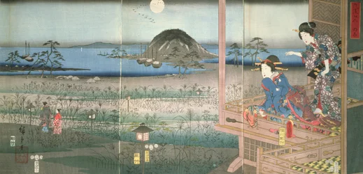 Lady Fujitsubo ser prins Genji fara i månskenet, 1853