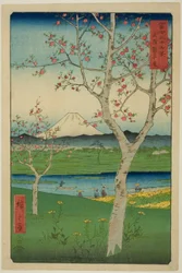 The Outskirts of Koshigaya in Musashi Province (Musashi Koshigaya zai), från serien "Thirty-six Views of Mount Fuji (Fuji sanjurokkei)"