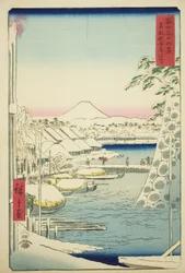 Flodstranden vid Sukiya i den östra huvudstaden (Toto Sukiyagashi), från serien "Trettiosex utsikter över berget Fuji (Fuji sanjurokkei)"