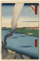 Kakelugnar och Hashiba-färjan, Sumida River, No.37 från One Hundred Famous Views of Edo, 1857 (träblocktryck)