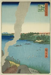 Tile Kilns och Hashiba Ferry på Sumida River (Sumidagawa Hashiba no watashi kawaragama), från serien "One Hundred Famous Views of Edo (Meisho Edo hyakkei)"
