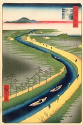 Bogserbåtar längs Yotsugi-dori-kanalen, skylt 33 från serien One Hundred Famous Views of Edo, Edo Period, Ansei Era, 1857 (träblocktryck)