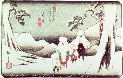 "Travellers in the Snow at Oi", från serien "69 Stations of Kisokaido", pub. sent 1830-tal, (obanstorlek, yoko-e - horisontellt format, färgträtryck)