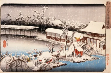 Vy över Kameido Tenmangū-helgedomen i snö