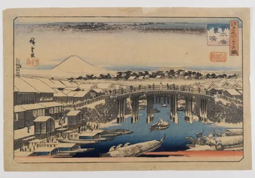 Utsikt över Nihonbashi Bridge, Edo (Edo Meisho) (träblocktryck, färg på papper)