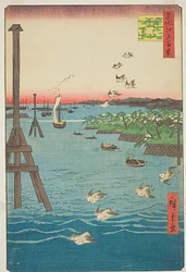 Vy över Shibakusten (Shibaura no kei), med nyanser av ljusblått vatten, nr 108 från serien Hundra berömda vyer över Edo (Meisho Edo hyakkei)