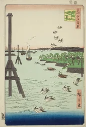 Vy över Shibakusten (Shibaura no kei), med mycket ljus- och mörkblått vatten, nr 108 från serien Hundra berömda vyer över Edo (Meisho Edo hyakkei)