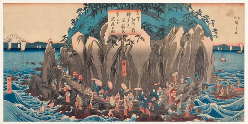Vy över en pilgrimsfärd till Benzaitens grotta och helgedom i Enoshima, Sagami, cirka 1850-51