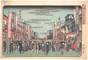Vy över kabukiteatrarna i Sakai-cho på den nya säsongens öppningsdag (Sakai-cho Shibai no Zu), ur serien "Toto Meisho"