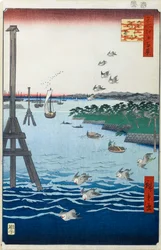 Utsikt över Shiba-kusten Hundra berömda utsikter över Edo, 1856-1858.