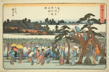Blåregn i full blom i området kring Kameido Tenmangu-helgedomen (Kameido Tenmangu keidai fuji hanazakari no zu), från serien "Newly Selected Famous Places in Edo (Shinsen Edo meisho)"
