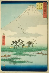 Yoshiwara: Fuji Marsh och Ukishima Plain (Yoshiwara, Fuji no numa ukishima ga hara), nr 15 från serien "Famous Sights of the Fifty-three Stations (Gojusan tsugi meisho zue)," även känd som den vertikala Tokaido